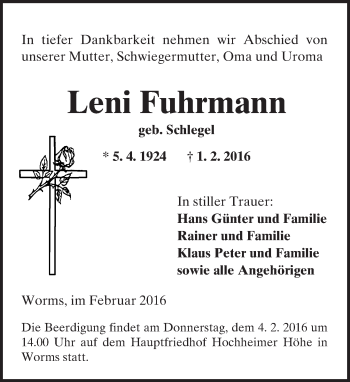 Traueranzeige von Leni Fuhrmann von  Wormser Zeitung