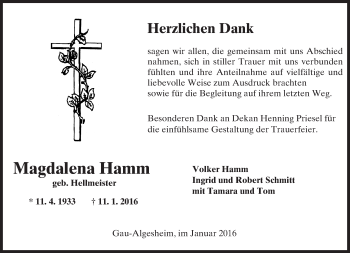 Traueranzeige von Magdalena Hamm von  Allgemeine  Zeitung Ingelheim-Bingen