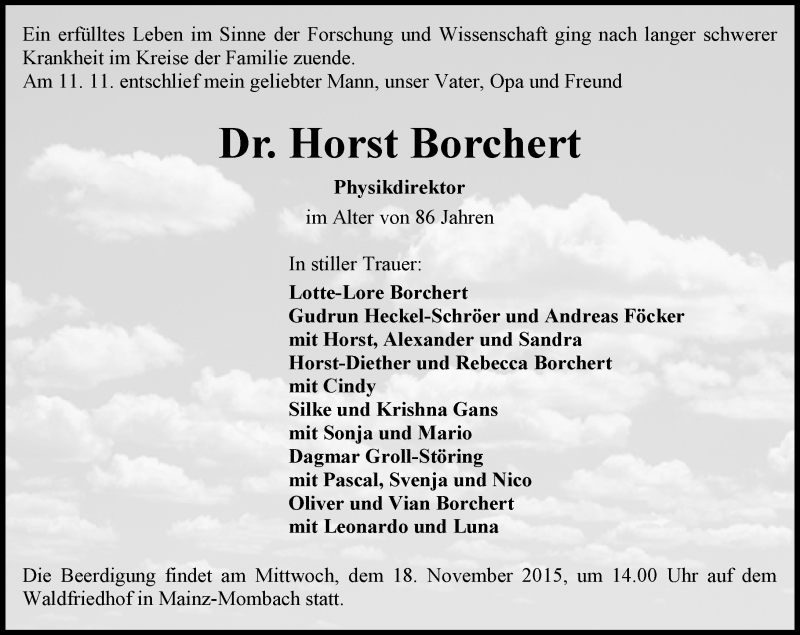  Traueranzeige für Horst Borchert vom 14.11.2015 aus  Allgemeine Zeitung Mainz