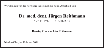 Traueranzeige von Jürgen Reithmann von  Allgemeine Zeitung Mainz