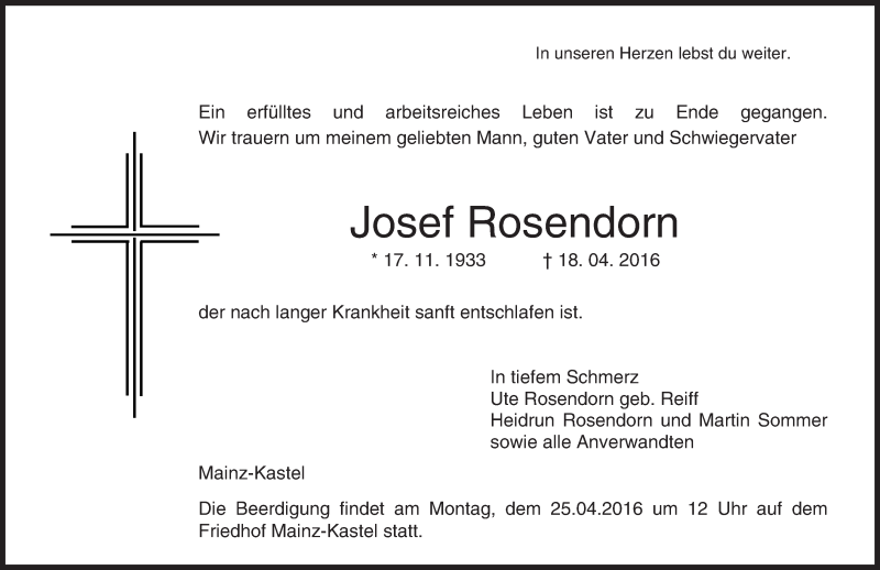  Traueranzeige für Josef Rosendorn vom 21.04.2016 aus  Wiesbaden komplett
