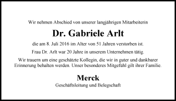 Traueranzeige von Gabriele Arlt von Trauerportal Echo Online
