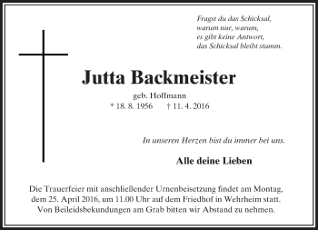 Traueranzeige von Jutta Backmeister von  Usinger Anzeiger