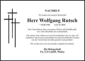 Traueranzeige von Wolfgang Rutsch von Trauerportal Rhein Main Presse