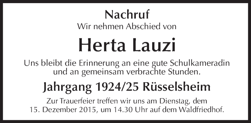  Traueranzeige für Herta Lauzi vom 08.12.2015 aus  Mainspitze