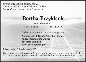 Traueranzeige von Bertha Przyklenk von  Mainspitze