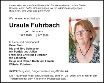 Traueranzeige von Ursula Fuhrbach von Trauerportal Echo Online