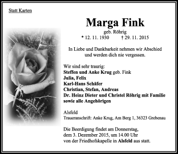Traueranzeige von Marga Fink von VRM Trauer