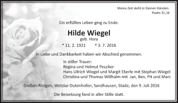 Traueranzeige von Hilde Wiegel von  Gießener Anzeiger