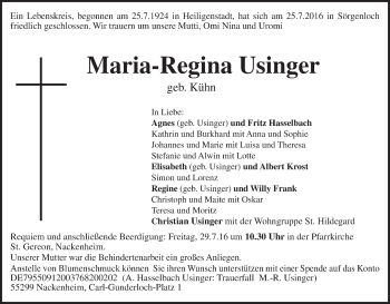 Traueranzeige von Maria-Regina Usinger von Trauerportal Rhein Main Presse