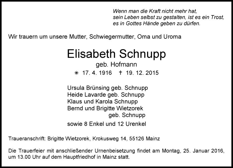  Traueranzeige für Elisabeth Schnupp vom 09.01.2016 aus  Allgemeine Zeitung Mainz