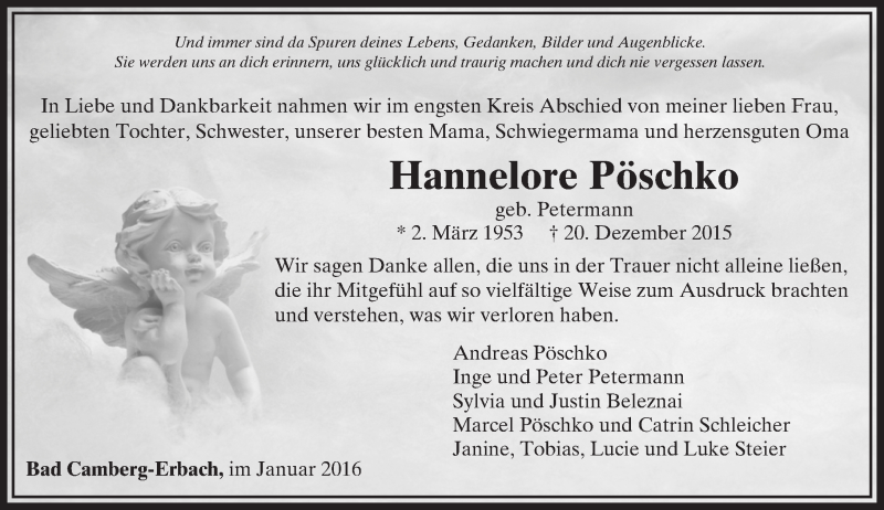  Traueranzeige für Hannelore Pöschko vom 14.01.2016 aus  Camberger Anzeiger