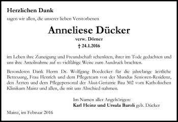 Traueranzeige von Anneliese Dücker von  Allgemeine Zeitung Mainz