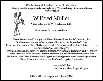 Traueranzeige von Wilfried Müller von  Hofheimer Zeitung