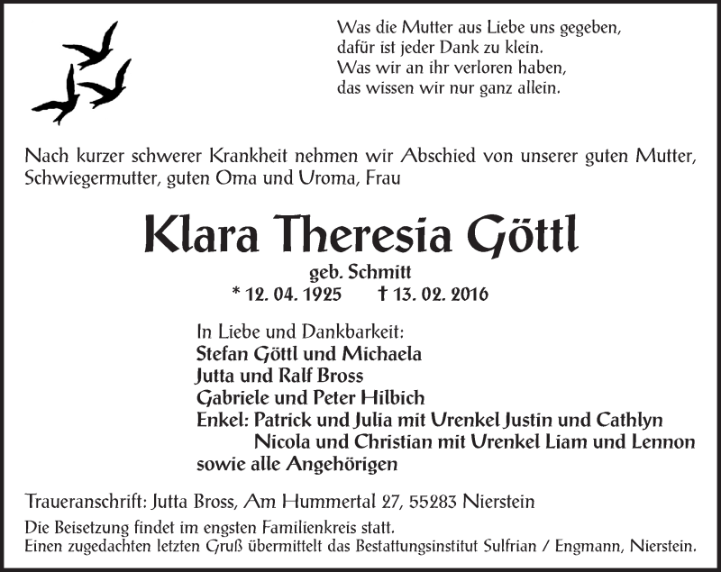  Traueranzeige für Klara Theresia Göttl vom 17.02.2016 aus  Landskrone