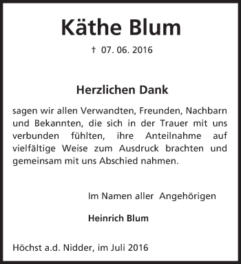 Traueranzeige von Käthe Blum von  Kreisanzeiger