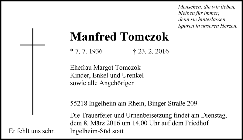  Traueranzeige für Manfred Tomczok vom 04.03.2016 aus  Allgemeine  Zeitung Ingelheim-Bingen