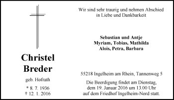 Traueranzeige von Christel Breder von  Allgemeine  Zeitung Ingelheim-Bingen