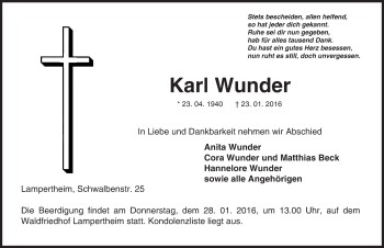 Traueranzeige von Karl Wunder von  Bürstädter Zeitung
