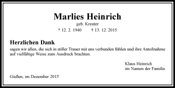Traueranzeige von Marlies Heinrich von  Gießener Anzeiger
