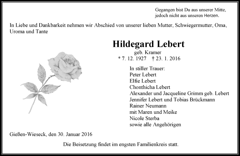  Traueranzeige für Hildegard Lebert vom 30.01.2016 aus  Gießener Anzeiger