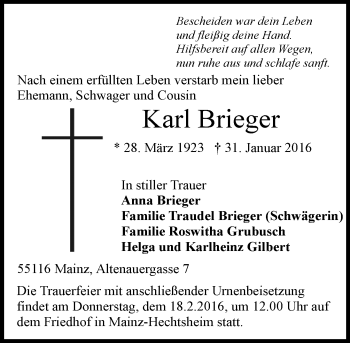 Traueranzeige von Karl Brieger von  Allgemeine Zeitung Mainz
