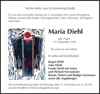 Traueranzeige von Maria Diehl von  Wormser Zeitung