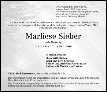 Traueranzeige von Marliese Sieber von  Allg. Zeitung Bad Kreuznach