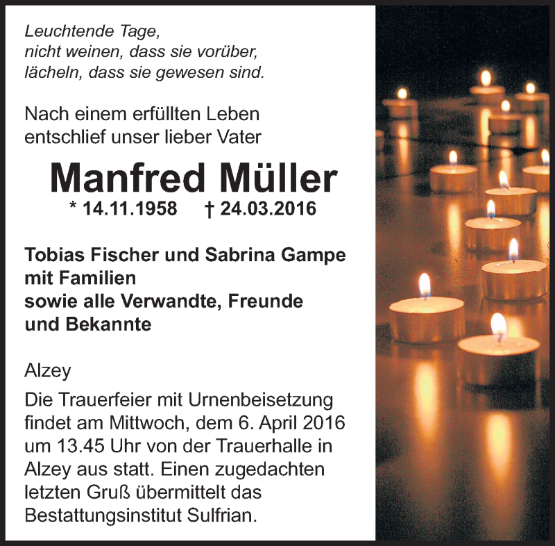  Traueranzeige für Manfred Müller vom 04.04.2016 aus  Allgemeine Zeitung Alzey
