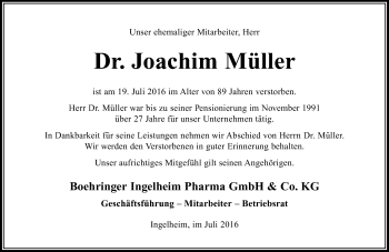 Traueranzeige von Joachim Müller von Trauerportal Rhein Main Presse