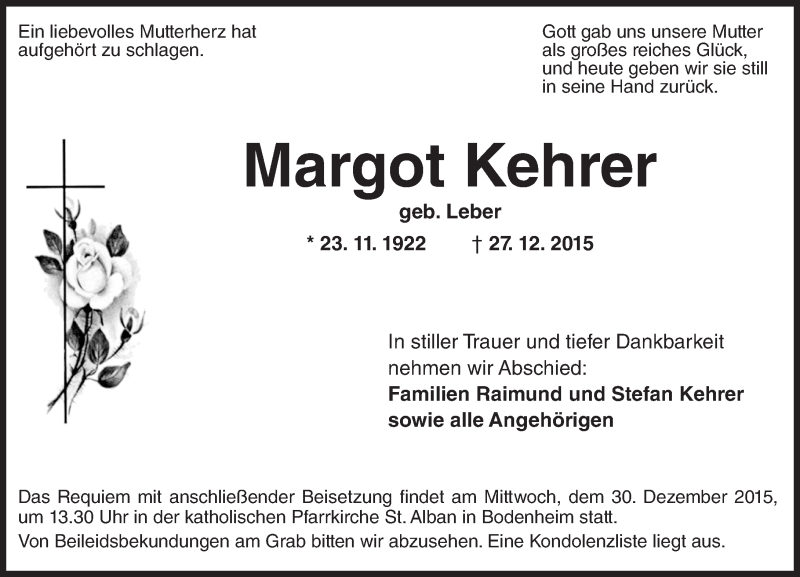  Traueranzeige für Margot Kehrer vom 29.12.2015 aus  Allgemeine Zeitung Mainz