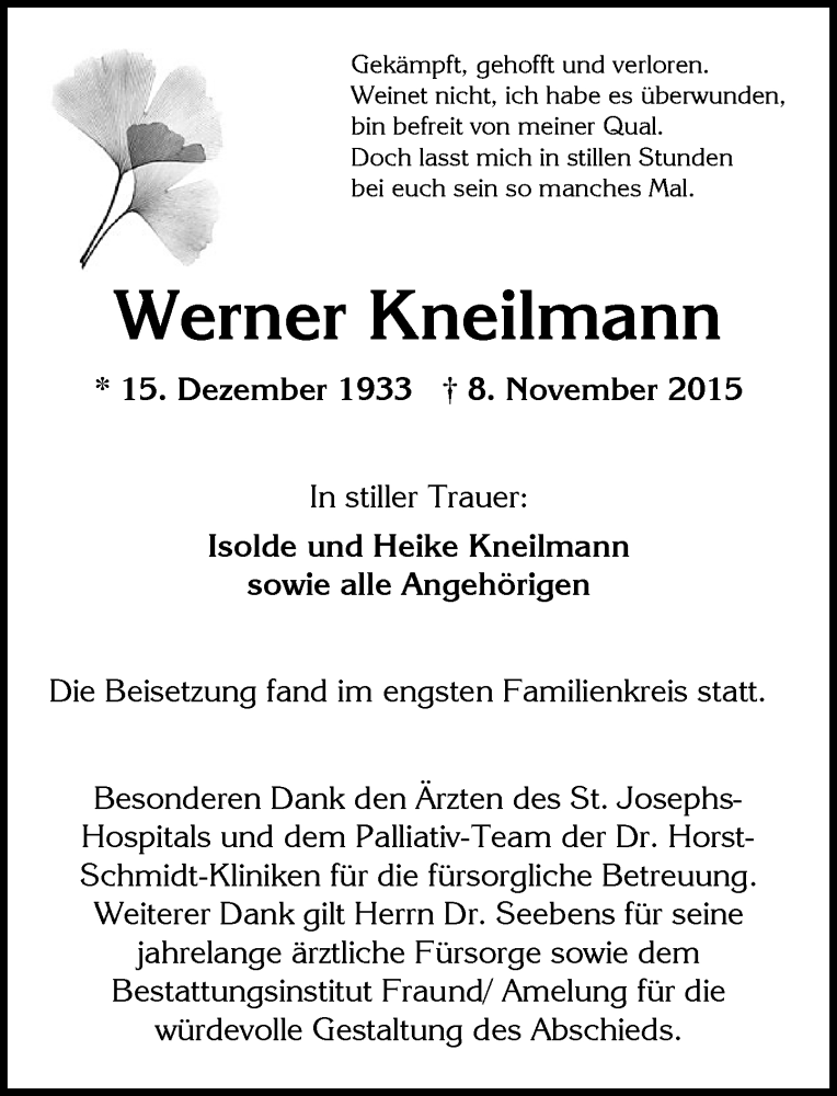  Traueranzeige für Werner Kneilmann vom 21.11.2015 aus  Wiesbaden komplett