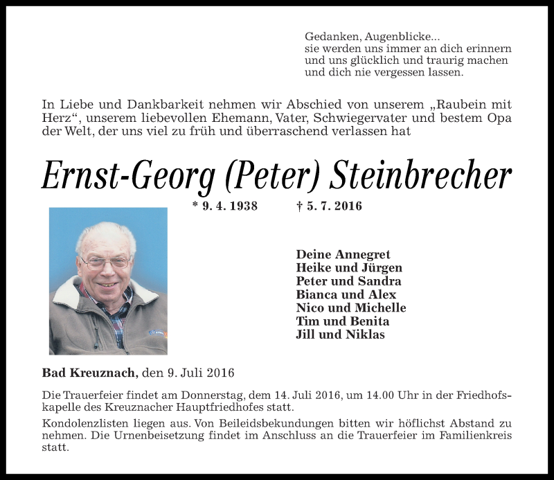  Traueranzeige für Ernst-Georg  Steinbrecher vom 09.07.2016 aus Trauerportal Rhein Main Presse