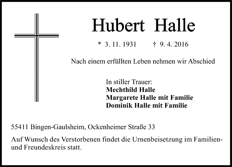  Traueranzeige für Hubert Halle vom 18.04.2016 aus  Allgemeine  Zeitung Ingelheim-Bingen