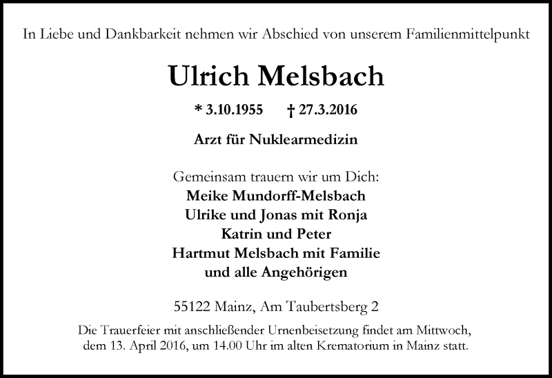  Traueranzeige für Ulrich Melsbach vom 02.04.2016 aus  Allgemeine Zeitung Mainz