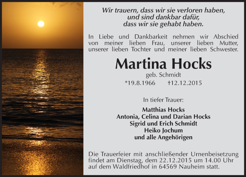  Traueranzeige für Martina Hocks vom 17.12.2015 aus  Mainspitze