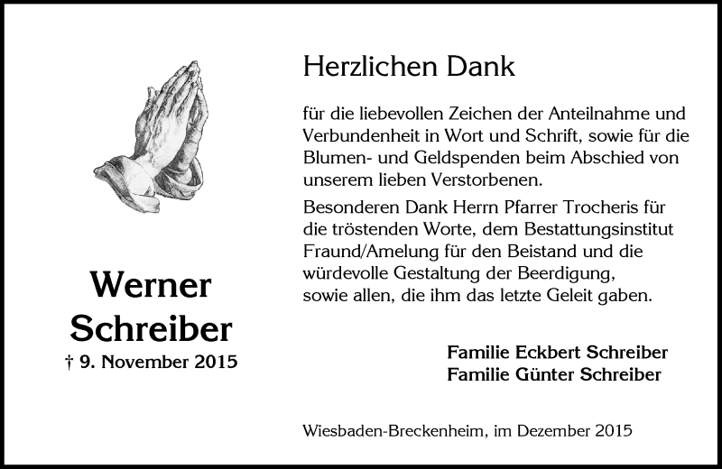  Traueranzeige für Werner Schreiber vom 05.12.2015 aus  Wiesbaden komplett