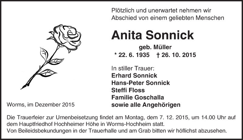  Traueranzeige für Anita Sonnick vom 05.12.2015 aus  Wormser Zeitung