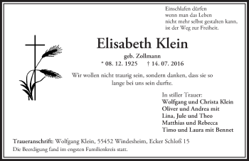 Traueranzeige von Elisabeth Klein von Trauerportal Rhein Main Presse