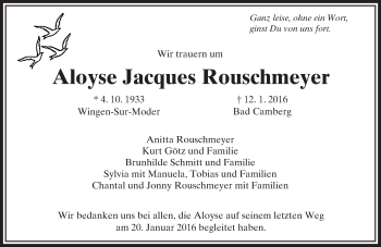 Traueranzeige von Aloyse Jacques Rouschmeyer von  Camberger Anzeiger