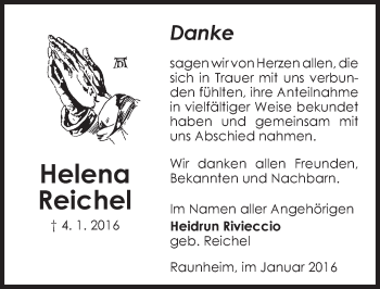 Traueranzeige von Helena Reichel von  Mainspitze