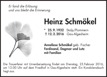 Traueranzeige von Heinz Schmöke von  Allgemeine  Zeitung Ingelheim-Bingen