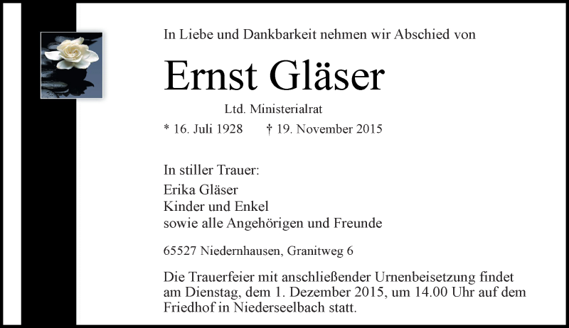  Traueranzeige für Ernst Gläser vom 21.11.2015 aus  Wiesbaden komplett