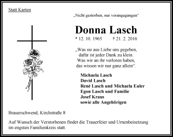 Traueranzeige von Donna Lasch von VRM Trauer
