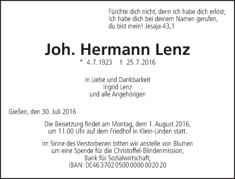  Traueranzeige für Hermann Lenz vom 30.07.2016 aus  Gießener Anzeiger