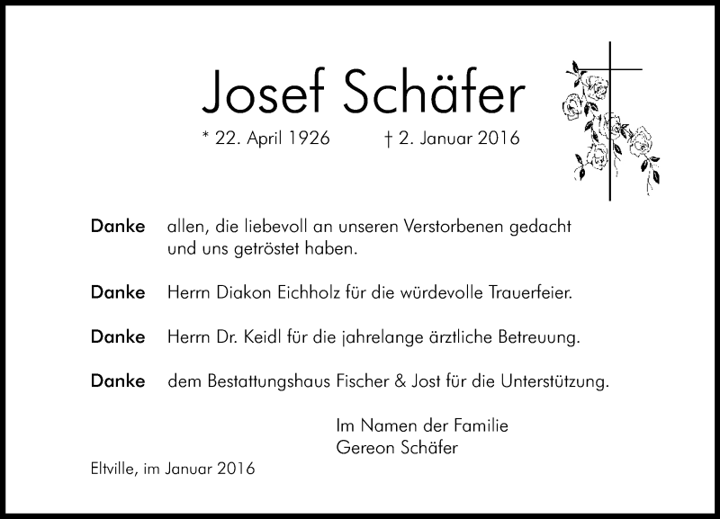  Traueranzeige für Josef Schäfer vom 06.02.2016 aus  Wiesbaden komplett
