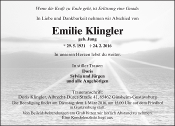 Traueranzeige von Emilie Klingler von  Allgemeine Zeitung Mainz