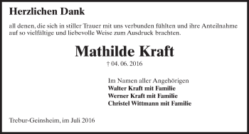 Traueranzeige von Mathilde Kraft von Trauerportal Echo Online
