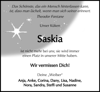 Traueranzeige von Saskia Schnarr von  Kreisanzeiger