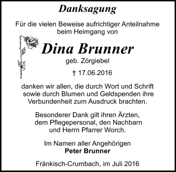 Traueranzeige von Dina Brunner von Trauerportal Echo Online